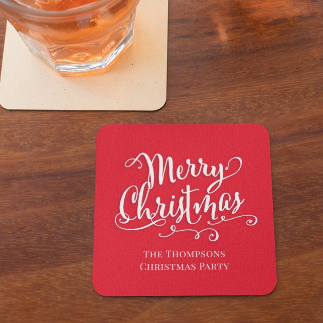 God jul Calligraphy Script Cute Red Simple Underlägg Papper Kvadrat (Merry Christmas red white calligraphy script paper coaster)