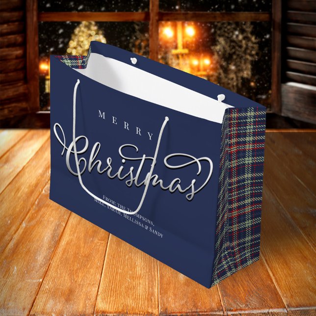 God jul Calligraphy Script Navy Blue Play (Merry Christmas holiday navy blue large gift bag,)