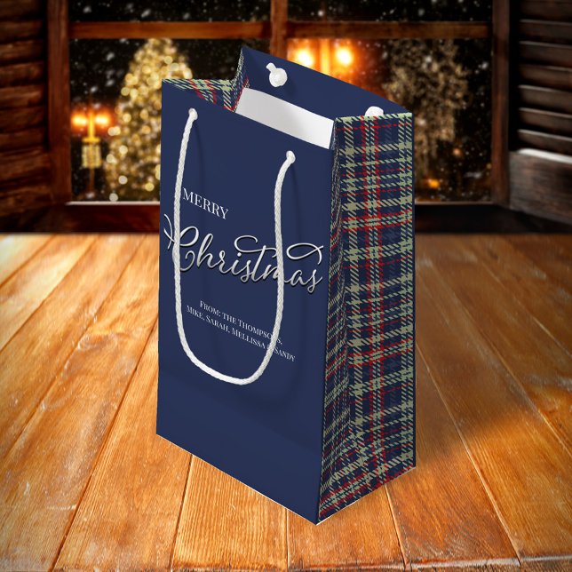 God jul Calligraphy Script Navy Blue Play (Merry Christmas navy blue, red, and green plaid pattern gift bag.)