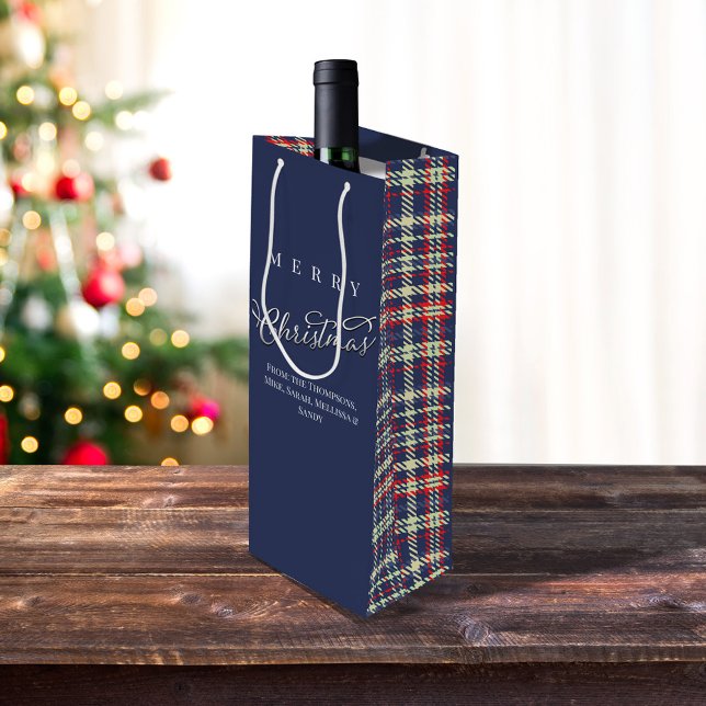 God jul Calligraphy Script Navy Blue Play (Merry Christmas navy blue plaid wine gift bag.)