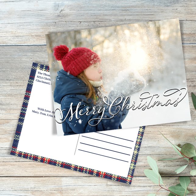 God jul Calligraphy Script Navy Blue Play Helg Vykort (Merry Christmas silver script photo postcard. )