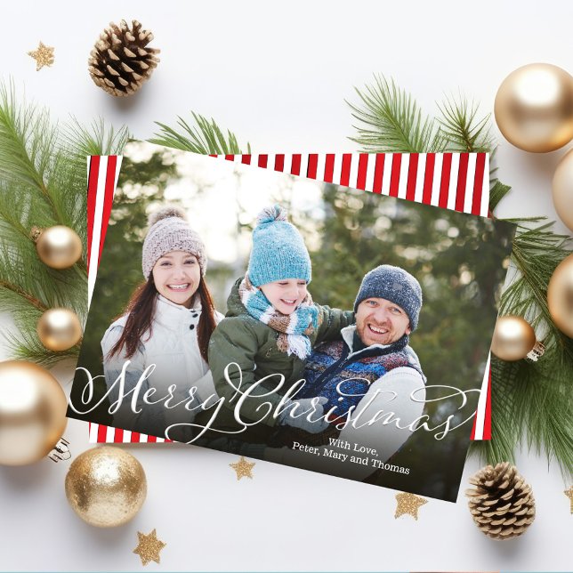 God jul Calligraphy Script Red Stripe Julkort (Merry Christmas calligraphy script photo card with candy cane striped on the back. )