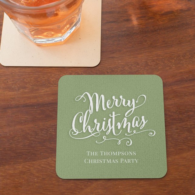 God jul Calligraphy Script Simple Grönt Underlägg Papper Kvadrat (Merry Christmas green white lettering calligraphy paper coaster)