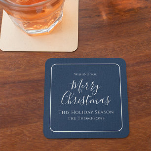 God jul Calligraphy Simple Cute Navy Blue Underlägg Papper Kvadrat