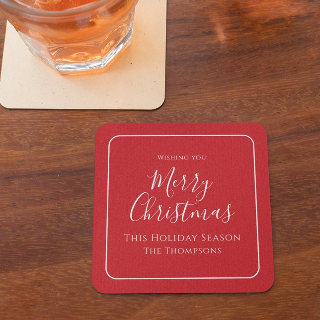 God jul Calligraphy Simple Cute Red Underlägg Papper Kvadrat (Merry Christmas holiday red and white calligraphy paper coaster. )