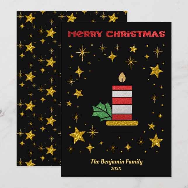 God jul Candle Stars Glitter Elegant Julkort (Fram/baksida)