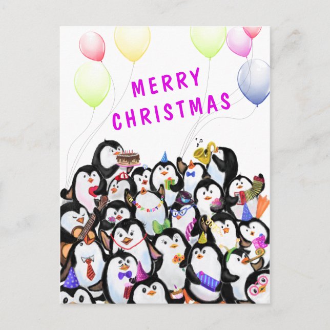God jul Card Lycklig Penguins Party Vykort (Framsida)