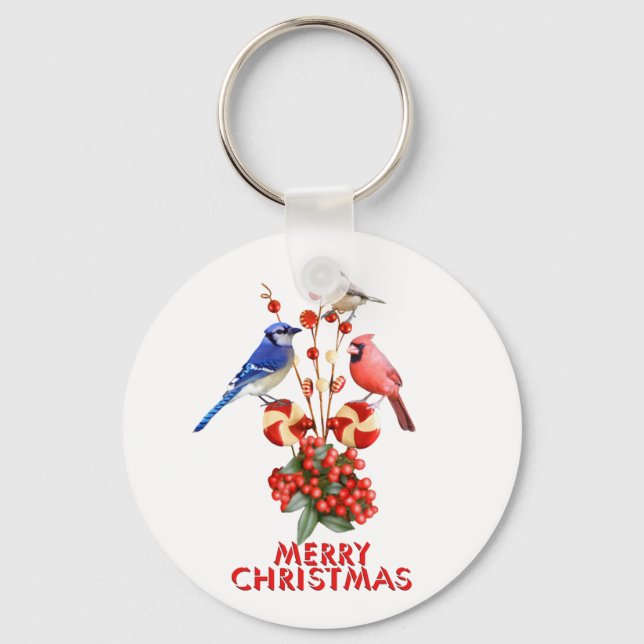 God jul Cardinal Blue Jay Chickadee Nyckelring (Framsida)