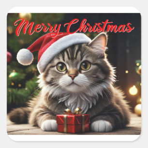 God jul Cat Fyrkantigt Klistermärke