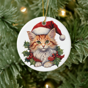 God jul Cat Kitten i Santa Hat och Holly Julgransprydnad Keramik