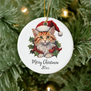 God jul Cat Kitten Santa Hat Holly Anpassningsbar Julgransprydnad Keramik