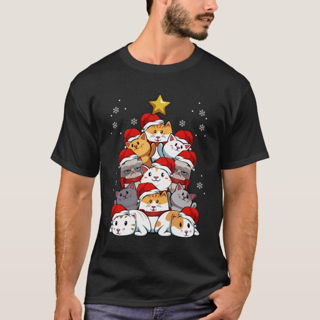 God jul Cat Kitten Träd Djurälskare Julafton Par T Shirt (Framsida)