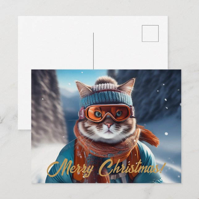 God jul Cat skiing Helg Vykort (Fram/baksida)