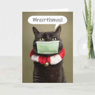 God jul Cat som talar genom Ansikte-mask Helgkort