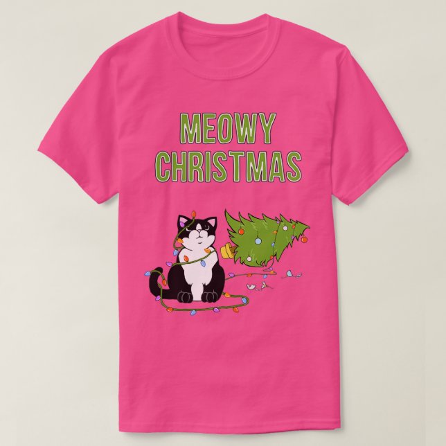 God jul Cat Tuxedo Cat julafton träd lustigt kattu T Shirt (Design framsida)