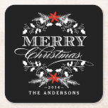 god jul Chalkboard Holly Wandeans Typografi Underlägg Papper Kvadrat<br><div class="desc">Elegant God jul helgdag, underlägg med fyrkantiga cocktail. Frostigt vitt hollutandning med rött poinsettia och retroletterpress stil dekorativ typografi. Lägg till namn eller anpassningsbar för att skapa ett unikt keepsakemento för personlig som ska anges på julfesten bord. Perfekt för festlig underhållning.. Kan också användas för att skapa din egen roligt...</div>