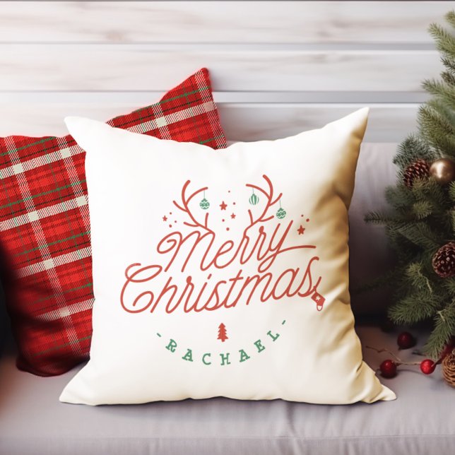 God jul Check Play Personlig Reindeer Kudde (Merry Christmas Check Plaid Personalized Reindeer Throw Pillow)