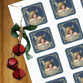 God jul Cherub Angel Vintage Blue Guld Fyrkantigt Klistermärke