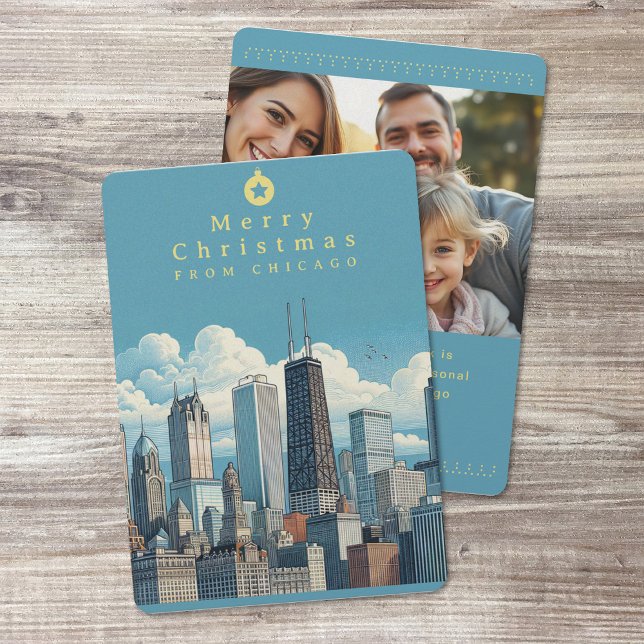 God jul Chicago Foto Platt Julkort (Merry Christmas Chicago Photo Flat Holiday Card (front and back))