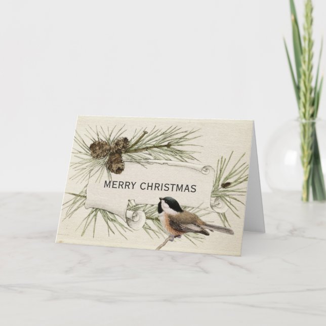 God jul Chickadee Bird Pinecone Rulla Helgkort (Framsida)