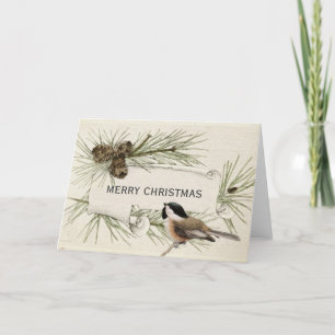 God Jul Chickadee Fågel Kottar Skrift Helgkort
