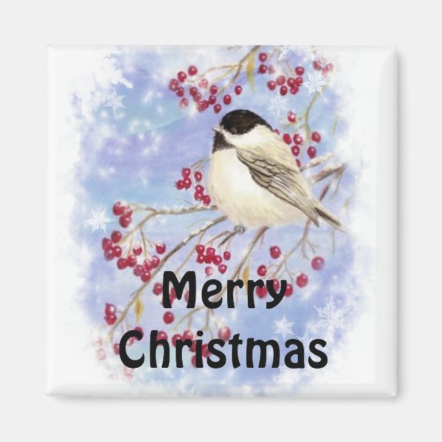 God jul Chickadee Snowy Berry Träd Magnet (Framsidan)