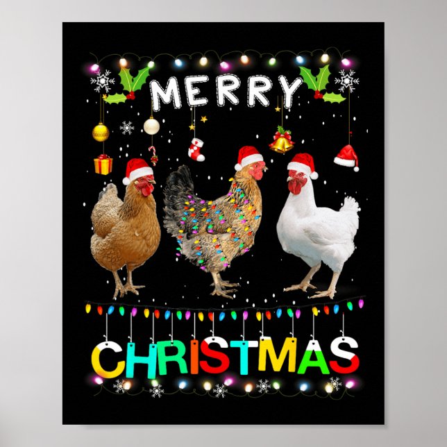 God jul Chicken Santa Hat Ljus Julafton Roligt Poster (Framsidan)