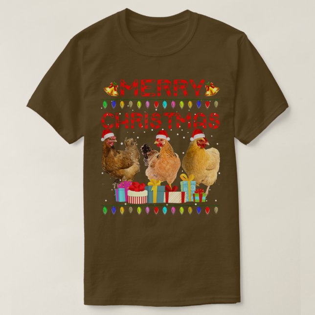 God jul Chicken Santa Hat Ljus Julafton Roligt T Shirt (Design framsida)