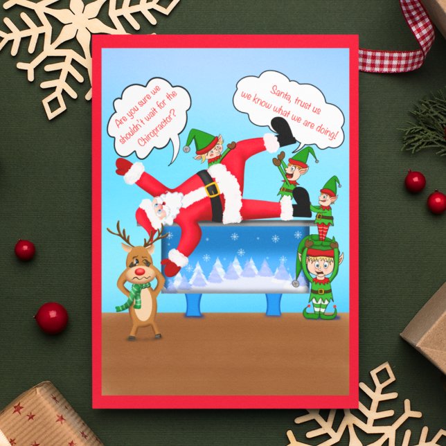 God jul Chiropractor Santa & Elves Helg Vykort (Even Santa needs his back corrected!)