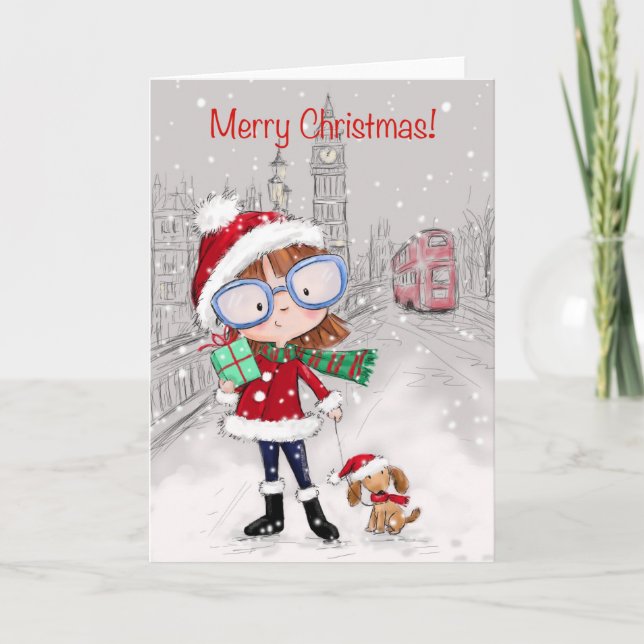 God jul, City Girl Walking her Hund Kort (Framsida)