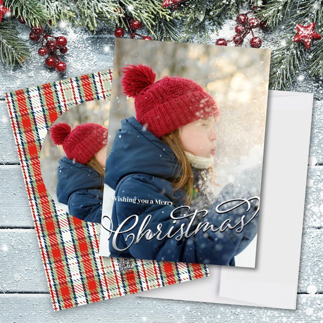 God jul Classic Calligraphy Red Play Julkort (Merry Christmas red and green plaid photo card template)