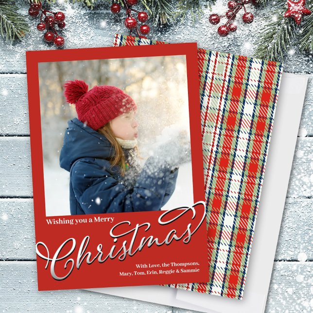 God jul Classic Calligraphy Red Play Julkort (Silver calligraphy script photo Holiday card. )
