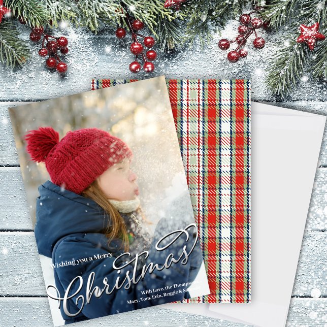 God jul Classic Calligraphy Red Play Julkort (Merry Christmas Holiday Photo card with red and green plaid. )