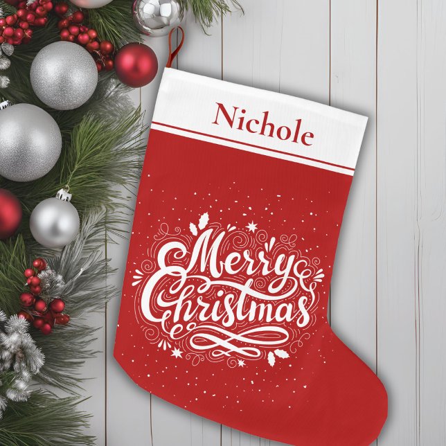 God jul Classic Red and White Personlig Stor Julstrumpa (Merry Christmas Classic Red and White Personalized Large Christmas Stocking)