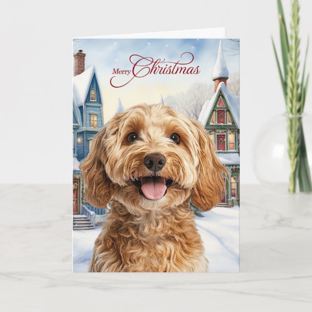 God Jul Cockapoo Hund Snöig Vinterby Helgkort (Framsida)