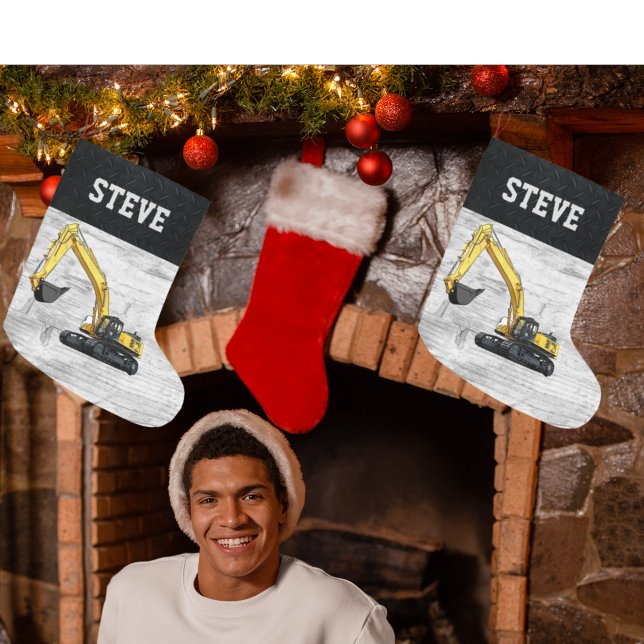 God jul Construction Excavator Namn Manar Stor Julstrumpa (Cool one of a kind excavator Christmas stocking.)