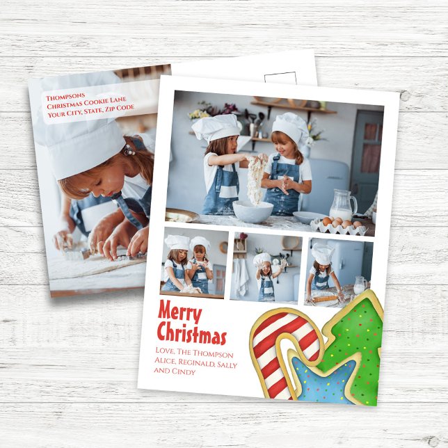 God jul Cookie Photo Collage Hälsning Helg Vykort (Merry Christmas Holiday Photo Postcard Template with watercolor Christmas Cookies,)