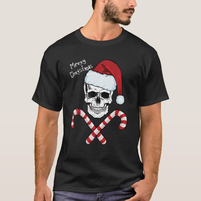 God jul Coola Skeleton Skull Hat Santa Cand T Shirt (Framsida)