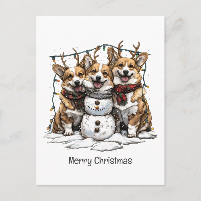 God jul Corgi Hundar Snögubbe Helg Vykort (Framsida)