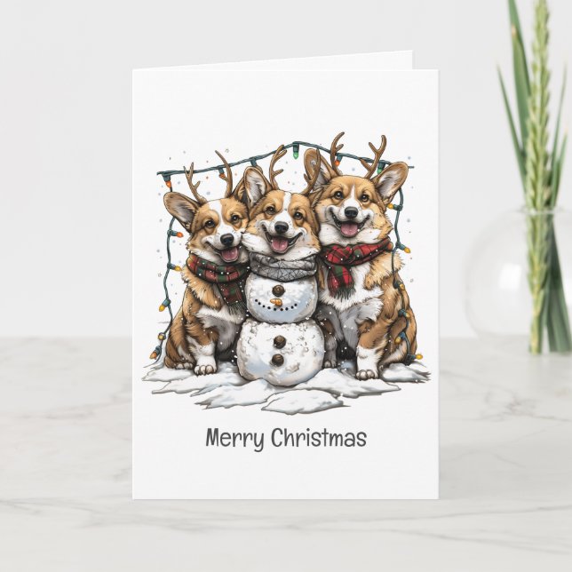God jul Corgi Hundar Snögubbe Helgkort (Framsida)