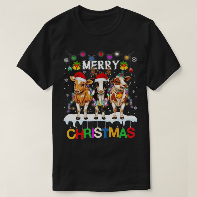 God jul Cow Farmer Santa Hat Julafton Ljus T Shirt (Design framsida)