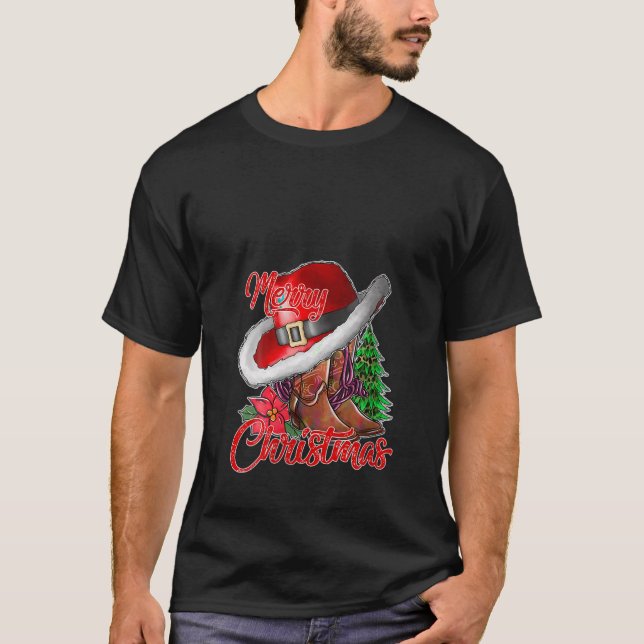 God jul Cowboy Boots Julafton Träd Ljus Cowg T Shirt (Framsida)