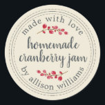 God jul, Cranberry Sylt Canning Antique Runt Klistermärke<br><div class="desc">Rustik och modern homemad juldekalk i sylt som konserverar tranbär i sylt burk med kärlek, homemade cranberry sylt och ditt namn i svartsvart chic med kalligrafi och modern typografi på en antikvit bakgrund med en snyggt kranbär. Lägg bara till ditt namn och produkten namn på etiketten. Enbart designad för dig...</div>