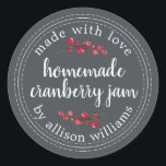 God jul, Cranberry Sylt Canning Runt Klistermärke<br><div class="desc">Rustik och modern hemgjord julburk i sylt som konserverar tranbär i sylt burk med kärlek, homemade tranbär i sylt och ditt namn med vita chic som kalligrafi och modern typografi på en svart bakgrund med en snyggt kranbär. Lägg bara till ditt namn och produkten namn på etiketten. Enbart designad för...</div>