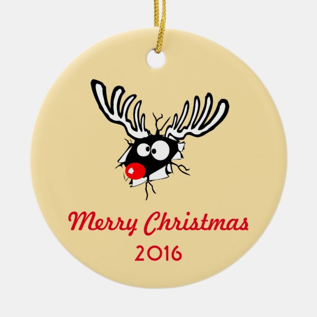 God Jul! Crazy Red Nposed Reindeer Julgransprydnad Keramik (Framsidan)