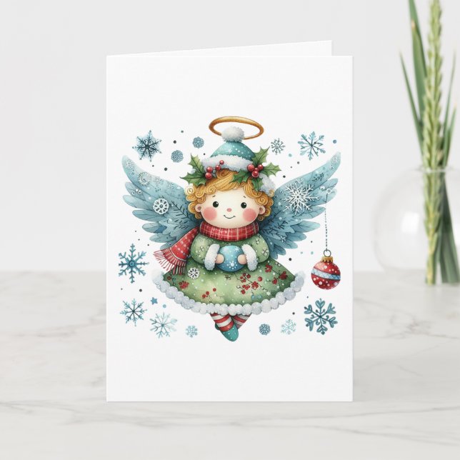 God jul Cute Angel Folk Art Stil Kort (Framsida)