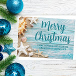 God jul Cute Beach Company Seashell Anpassningsbar Julkort<br><div class="desc">Ett helgdag för en tropisk ö-firma för en söt anpassningsbar. Anpassa det här söt tealblått trä och årstidsfotografiet julkort med ditt havsbottenbolag namn eller annan professionell vid kusten.</div>