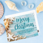 God jul Cute Beach Company Seashell Anpassningsbar Vykort<br><div class="desc">En snygg helgdag för anpassningsbarnas strandverksamhet för ett tropiskt öföretag. Anpassa det här söt tealblått trä och årstidsfotografiet julvykort med ditt havsbottenbolag namn eller annan professionell vid kusten.</div>