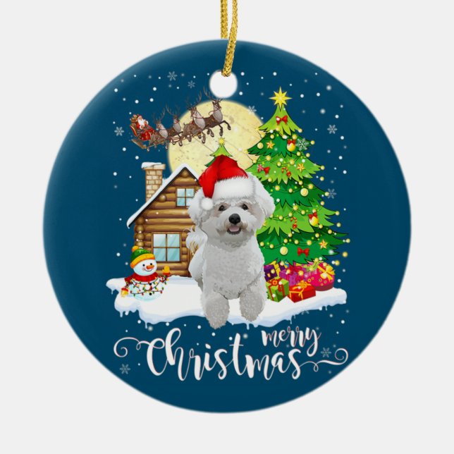 God jul Cute Bichon Frise Santa med Julafton Julgransprydnad Keramik (Framsidan)