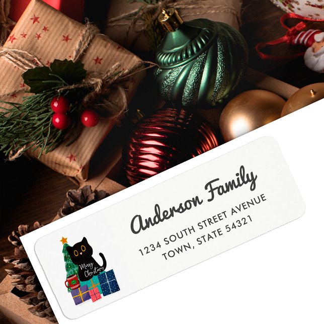 God jul Cute Black Cat Returadress Returadress Etikett (Skapare uppladdad)
